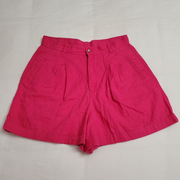 Vintage 90's Bright Neon Pink Linen Blend Shorts Size 12 Summer Classic Boho - Picture 1 of 11